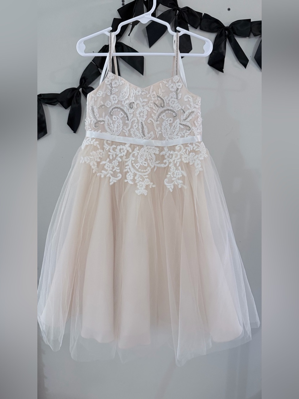 EUC David’s Bridal Girls Ivory Beige Lace Tulle Rhinestone Flower Girl Dress 4